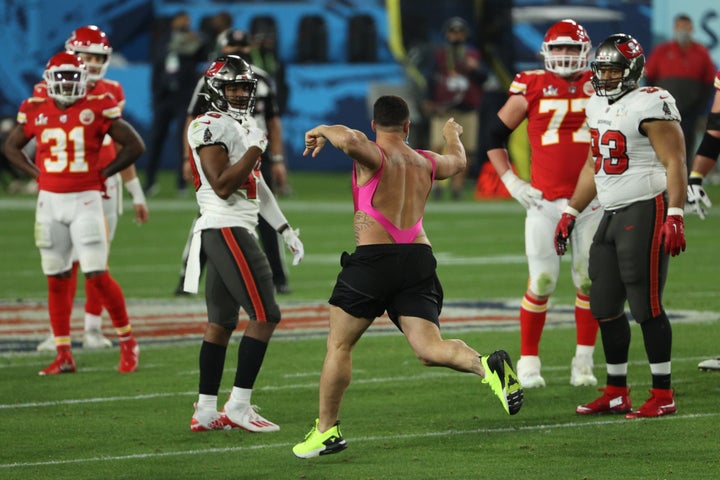 An unidentified man takes the field during the fourth quarter in the 2021 Super Bowl between the Tampa Bay Buccaneers and the Kansas City Chiefs at Raymond James Stadium on Feb. 7, 2021, in Tampa, Florida.