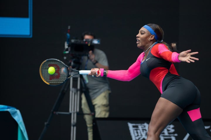 Serena Williams had one leg up on Laura Siegemund in their first-round match on Monday.