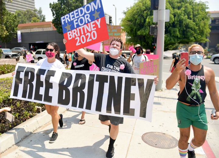 Britney Spears fans at a Free Britney rally in Los Angeles last August outside a court hearing regarding her conservatorship.