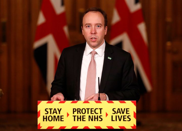 Health Secretary Matt Hancock, speaks at a coronavirus press conference inside 10 Downing Street in London, 