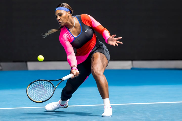 Serena Williams returns the ball during round 1 of the 2021 Australian Open. 