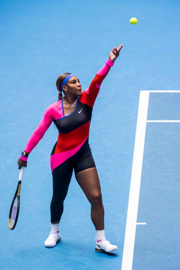 Serena Williams serves the ball during round 1 of the 2021 Australian Open. 