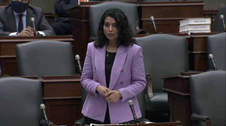 Ontario NDP deputy leader Sara Singh speaks in the legislature in Toronto on Dec. 1, 2020.