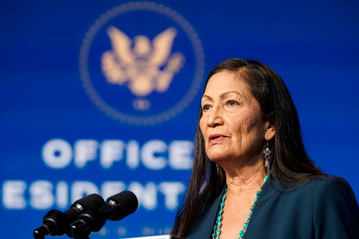 Rep. Deb Haaland (D-N.M.), President Joe Biden's nominee for secretary of the interior, speaks after Biden announced his climate and energy appointments Dec. 19 in Wilmington, Delaware. Haaland is the first Native American nominated to serve in a presidential Cabinet.