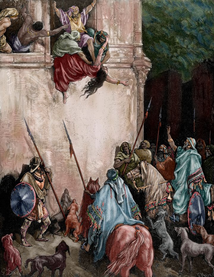 The assassination of Jezebel, as depicted in this work by Gustave Doré and Charles Maurand, is described in <a href="https://www.biblegateway.com/passage/?search=2%20Kings%209%3A30-37&version=NKJV" target="_blank" role="link" class=" js-entry-link cet-external-link" data-vars-item-name="2 Kings 9:30-37" data-vars-item-type="text" data-vars-unit-name="601d967fc5b68e068fbe2c22" data-vars-unit-type="buzz_body" data-vars-target-content-id="https://www.biblegateway.com/passage/?search=2%20Kings%209%3A30-37&version=NKJV" data-vars-target-content-type="url" data-vars-type="web_external_link" data-vars-subunit-name="article_body" data-vars-subunit-type="component" data-vars-position-in-subunit="9">2 Kings 9:30-37</a>.