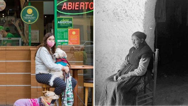 Dos mujeres sentadas. A la izquierda, en una imagen tomada en 2020 en Valencia. A la derecha, en Guadix (Granada), en torno a 1920.