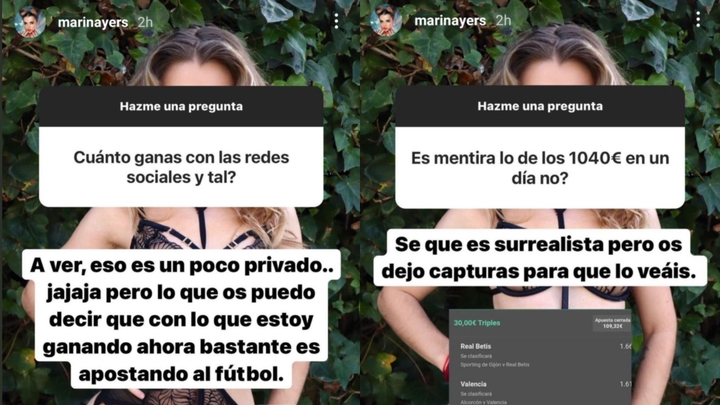 Marina Yers, en sus stories sobre apuestas deportivas.