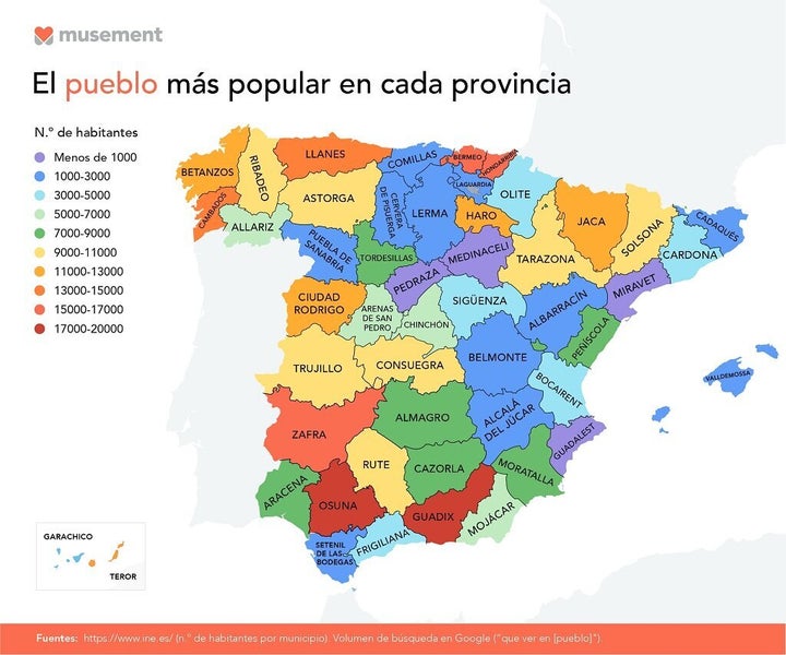 Mapa de los pueblos más populares de España por provincias. 