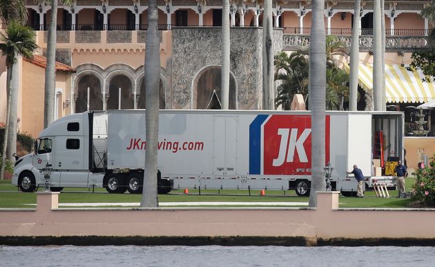 A moving truck is parked at Mar-a-Lago in Palm Beach, Florida, on January 18, two days before Joe Biden's inauguration.