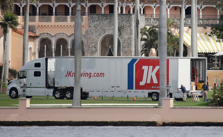 A moving truck is parked at Mar-a-Lago in Palm Beach, Florida, on Jan. 18, two days before Joe Biden's inauguration.