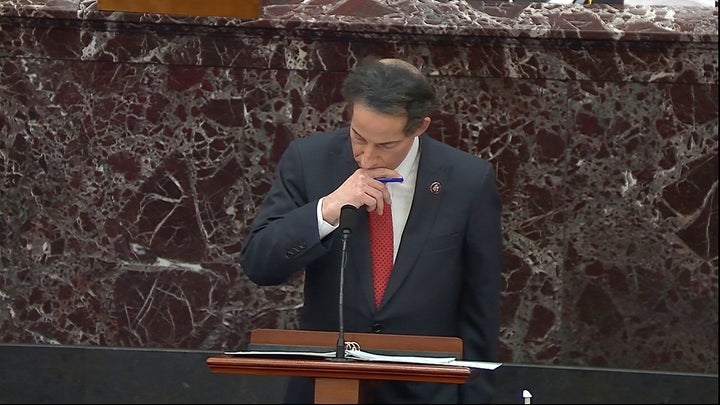 House impeachment manager Jamie Raskin (D-Md.) pauses as he speaks during the second impeachment trial of Donald Trump in the Senate on Tuesday.