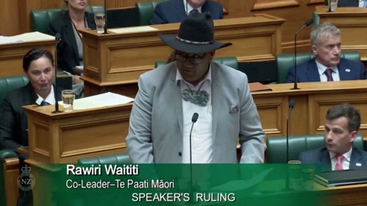 Maori Party co-leader Rawiri Waititi stands in Parliament in Wellington, New Zealand, February 9, 2021.