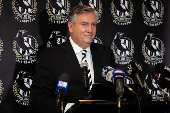 Eddie McGuire resigns effective immediately as Collingwood Football Club President whilst speaking to the media during a Collingwood Magpies AFL press conference at the Holden Centre on February 09, 2021 in Melbourne, Australia.