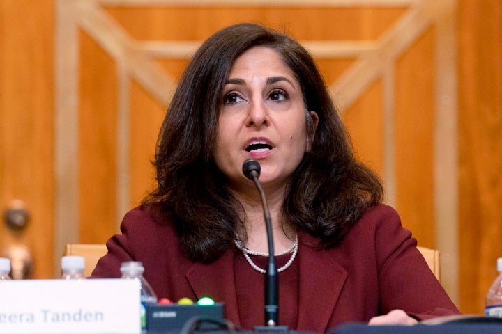 Neera Tanden testifies during a Senate Budget Committee confirmation hearing on Wednesday. She has faced questions from liberals and conservatives for her past comments.