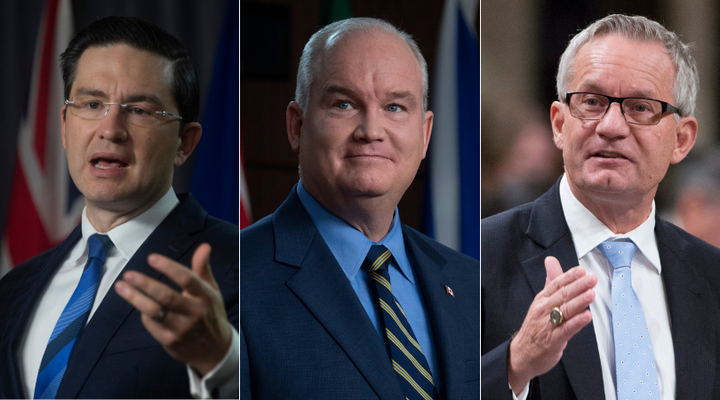 Conservative MP Pierre Poilievre, Tory Leader Erin O'Toole, and Tory MP Ed Fast are shown in a composite image of photos from The Canadian Press.