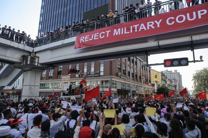 Protesters take part in a demonstration against the military coup in Yangon on Feb. 10.