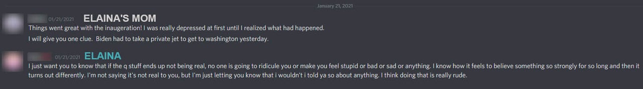 In a conversation over Discord, Elaina tells her mother that she'll be there for her when or if she realizes QAnon's conspiracy theories are false.