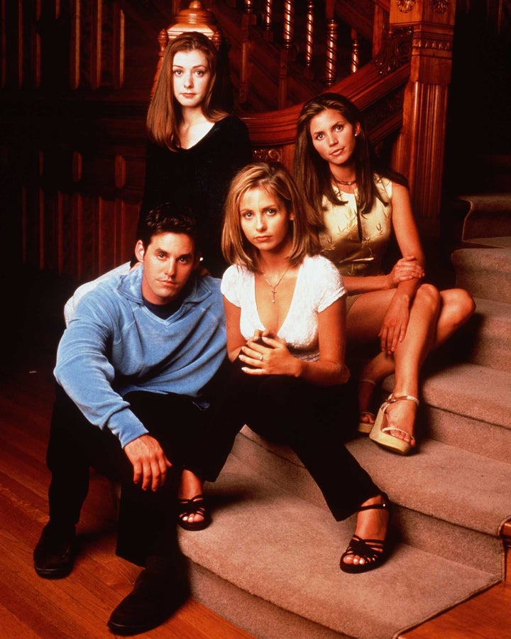 Clockwise from top left: Alyson Hannigan as Willow Rosenberg, Charisma Carpenter as Cordelia Chase, Sarah Michelle Gellar as Buffy and Nicholas Brendon as Xander Harris in Buffy the Vampire Slayer