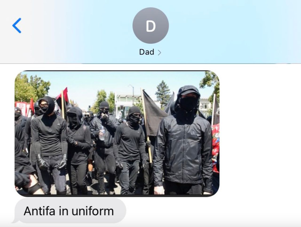 Sabrina's father texted this photo to her amid a stream of links to videos spreading conspiracy theories about antifa.