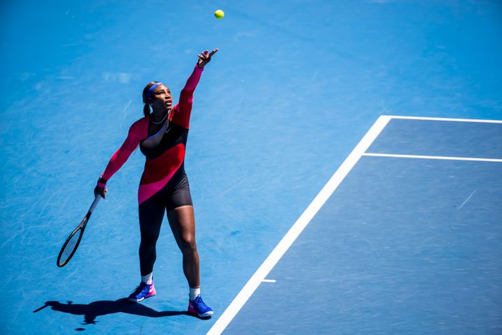 Serena Williams serves the ball during round 2 of the 2021 Australian Open on February 10 2020.