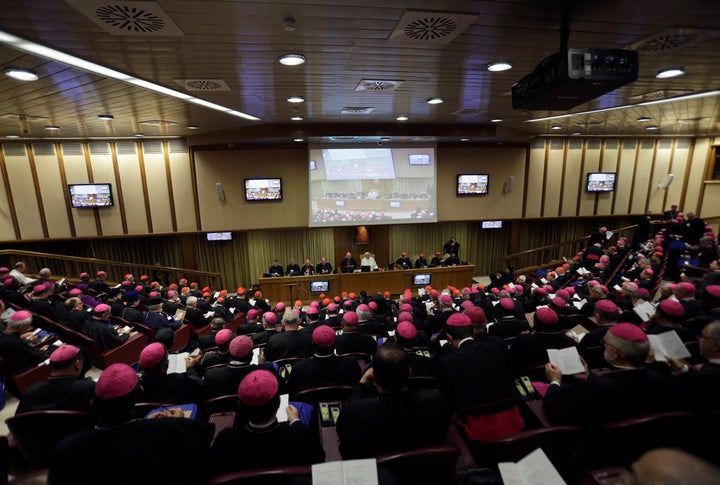 Pope Francis attends a Synod of Bishops at the Vatican on Wednesday, Oct. 3, 2018.