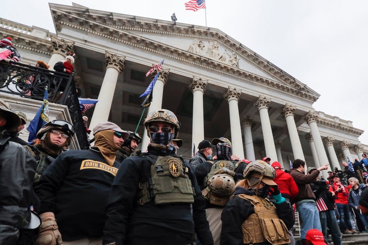 Members of the Oath Keepers militia group, including Jessica Marie Watkins (far left) at the Capitol on Jan. 6. 