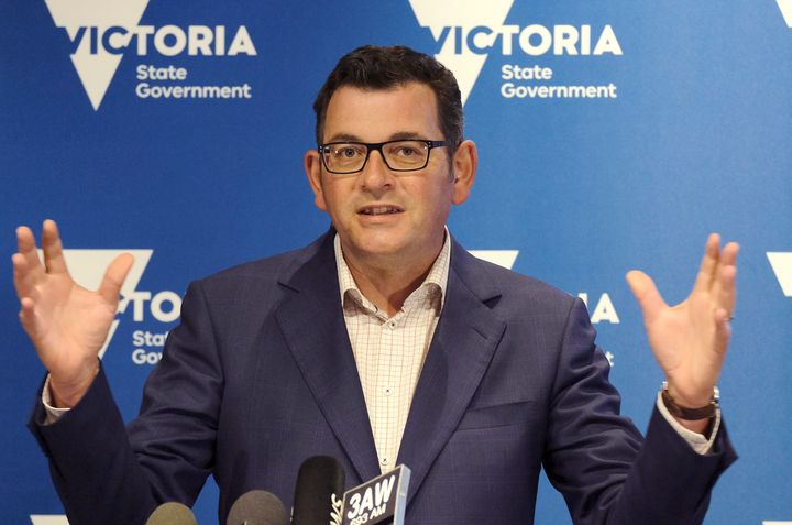 Victorian Premier Daniel Andrews addresses the media during a press conference in Melbourne, Friday, Feb. 12, 2021. Andrews said that Melbourne, Australia’s second-largest city, will begin its third lockdown on Friday due to a rapidly spreading COVID-19 cluster centered on hotel quarantine.