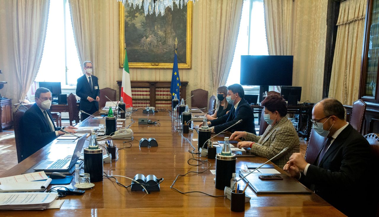 Italy's Prime Minister-designate Mario Draghi meets members of Italia Viva party during the second round of his talks on forming a new government, in Rome, Feb. 9.