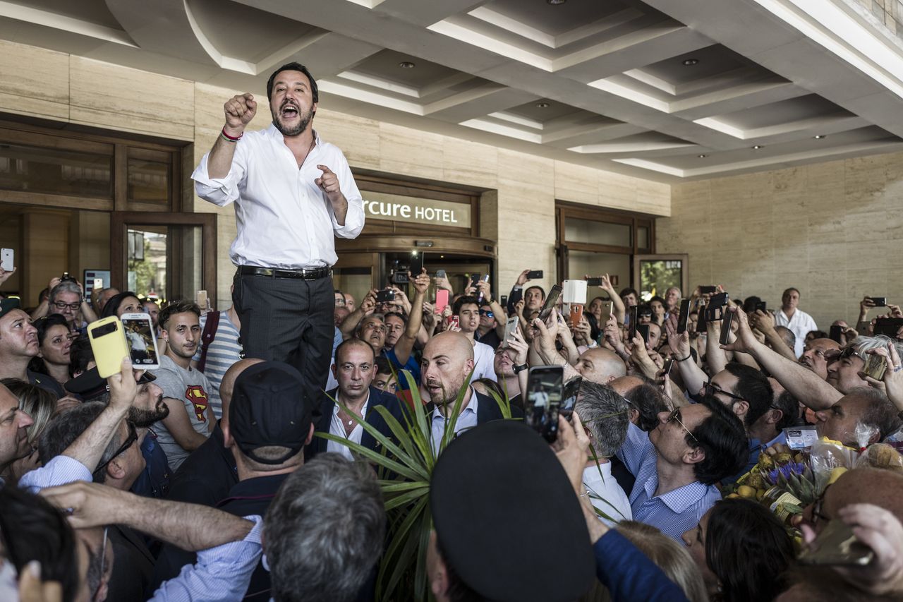 Then-new interior minister Matteo Salvini rallies his supporters at the Sicilian port city of Catania on June 3, 2018, three days after taking power. 