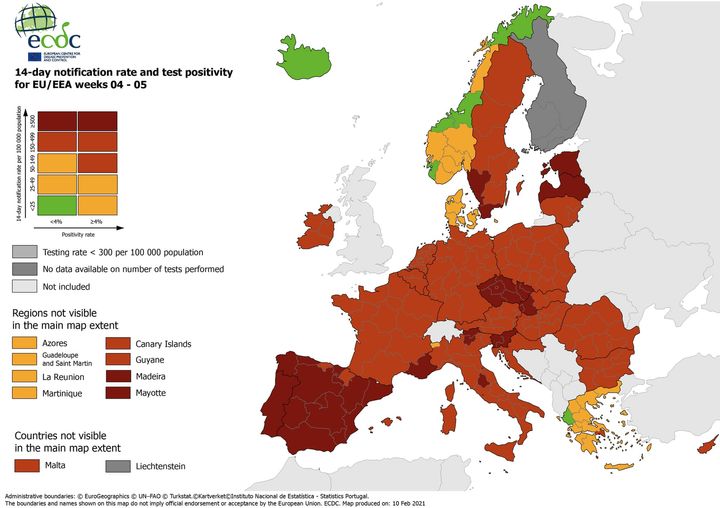 :Η επιδημιολογική εικόνα της Ευρώπης όπως αποτυπώνεται στα χρώματα του χάρτη, στην ιστοσελίδα του ECDC (Eυρωπαϊκό Κέντρο Ελέγχου Λοιμώξεων)
