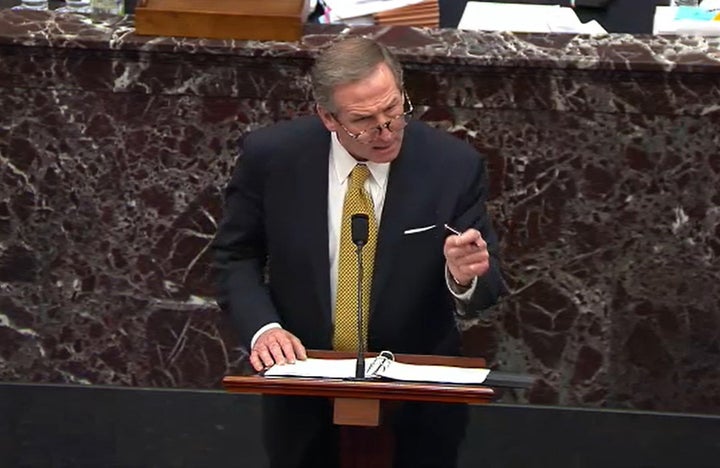 In this screenshot taken from a congress.gov webcast, former President Donald Trump's defense attorney Michael van der Veen speaks on the fourth day of Trump's second impeachment trial at the U.S. Capitol on Feb. 12 in Washington, D.C.