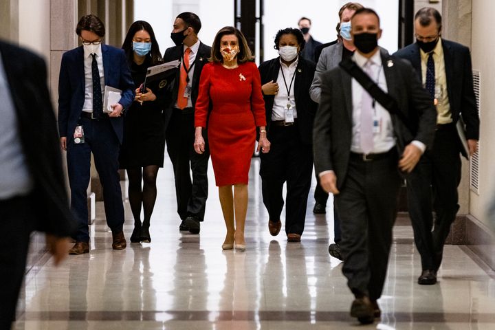 Speaker of the House Nancy Pelosi (D-Calif.) heads back to her office following her weekly press conference at the US Capitol on Feb. 11 in Washington, D.C.