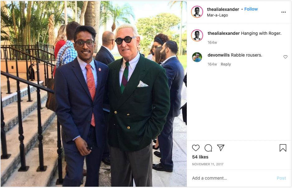 Ali Alexander and Roger Stone meet at Donald Trump's Mar-a-Lago club in Palm Beach, Florida.