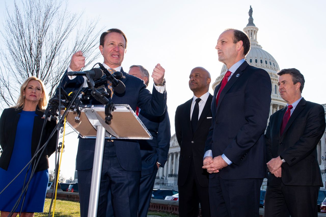 Louisiana Attorney General Jeff Landry at a Jan. 22, 2020, news conference where it was announced that Republican attorneys general from 21 states submitted a letter to the Senate to reject the two articles of impeachment against President Donald Trump. 