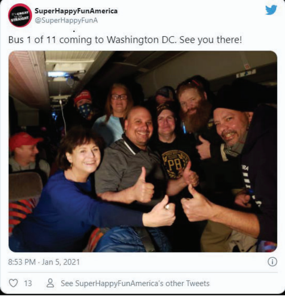 Suzanne Ianni, a member of the Town Meeting in Natick, Massachusetts, left, aboard a bus headed to Washington for the Jan. 6