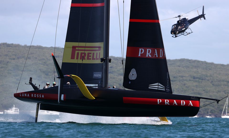 AUCKLAND, NEW ZEALAND - FEBRUARY 13: Prada Luna Rossa wins race one during day one of the Prada Cup Final...