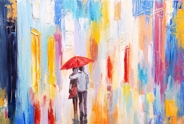 couple is walking in the rain under an umbrella, abstract