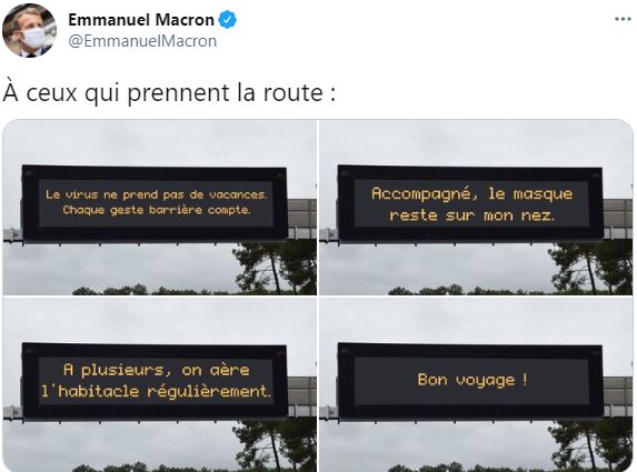 Macron, pour les vacances, partage des messages de prévention et ça vaut le détour(nement)