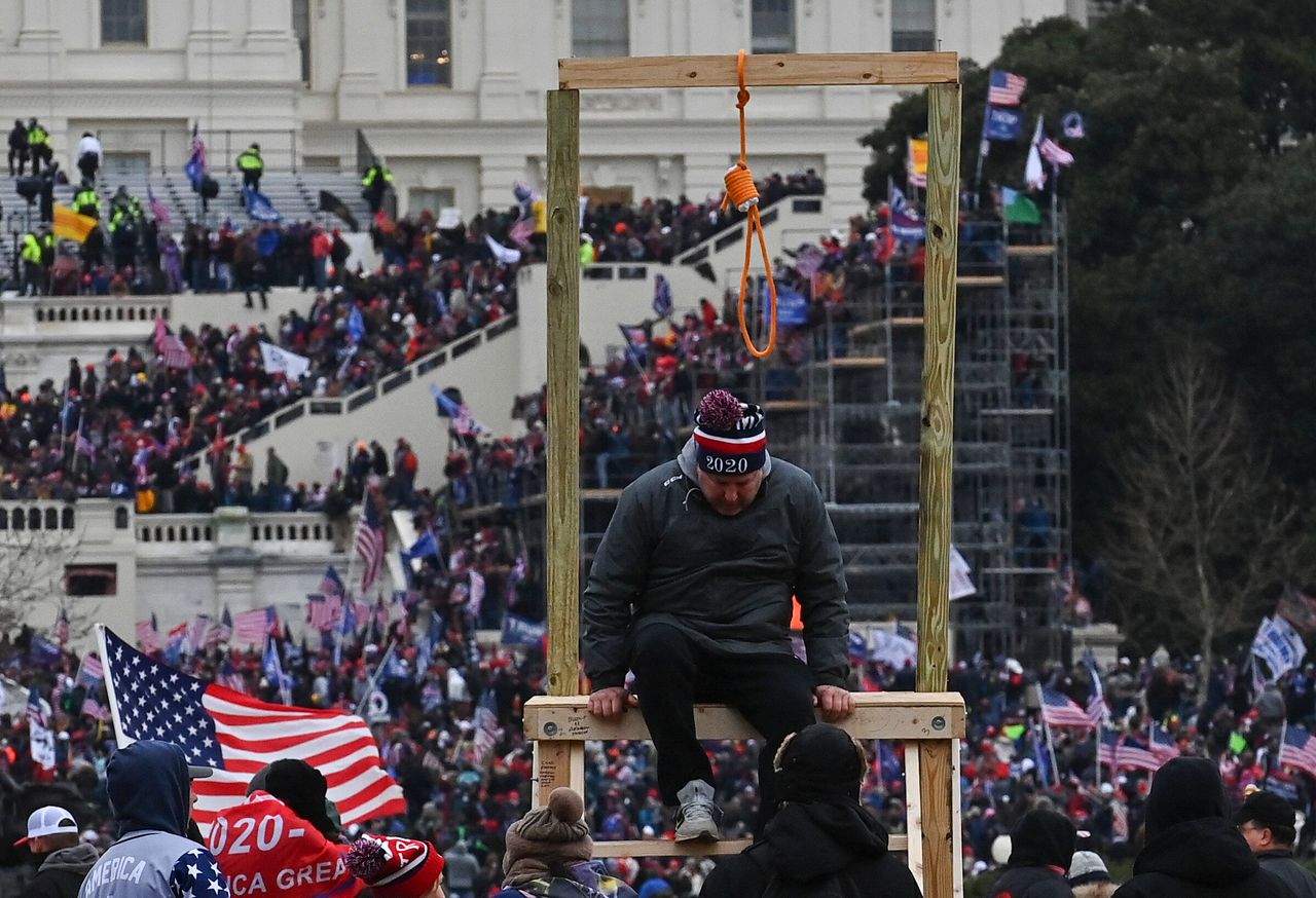 Trump supporters erected a gallows as they chanted "Hang Mike Pence!" and hunted for Speaker Nancy Pelosi in the Capitol.