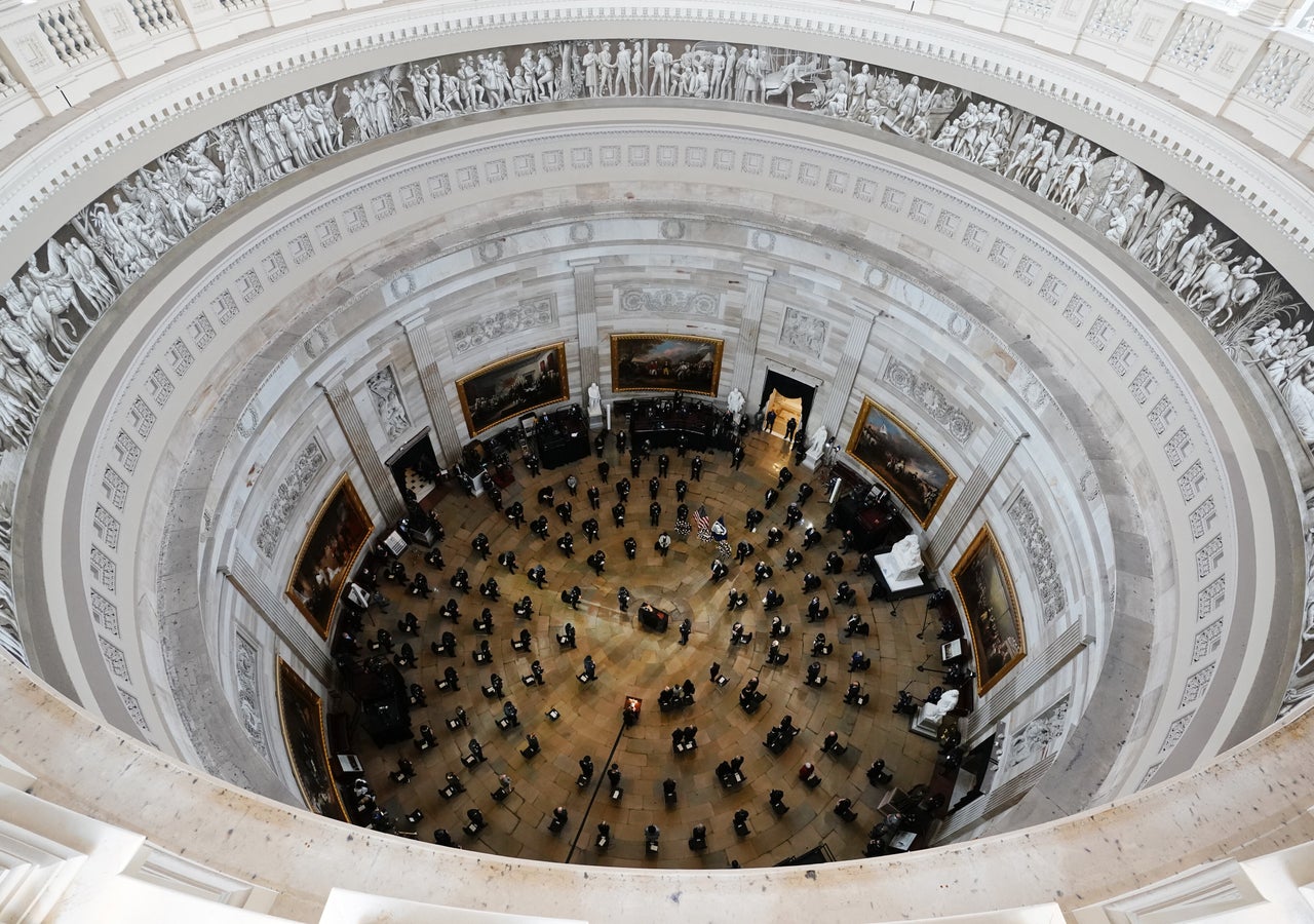 Capitol Police officer Brian Sicknick, who died after being injured in the Jan. 6 attack by pro-Trump rioters, lies in honor in the Rotunda of the U.S. Capitol on Feb. 3.