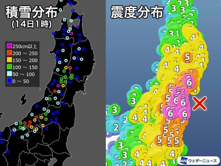 東北地方の積雪分布と震度分布