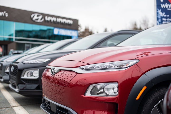 2021 Hyundai Kona Electric compact sport utility vehicles at a dealership in Dartmouth, N.S. on Jan. 10, 2021.