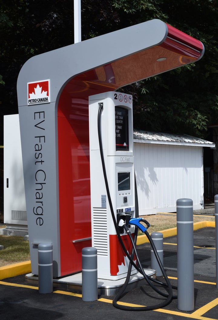 A view of a Petro-Canada EV Fast Charge electric vehicle charging station at a gas station in Saanich, B.C. on Aug. 3, 2020.