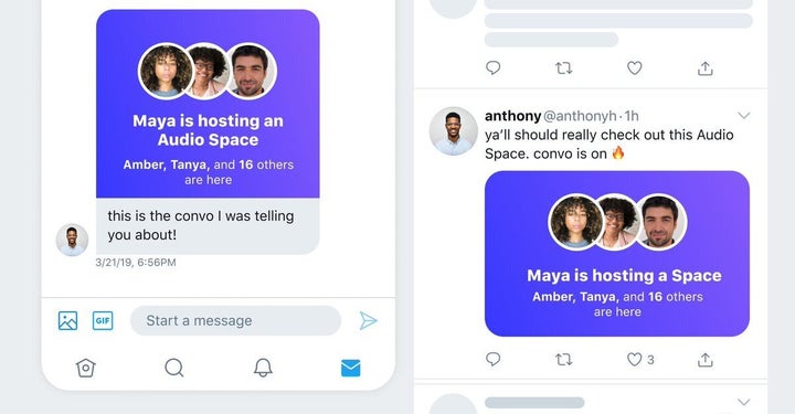 Una sala de audio de Spaces compartida mediante mensaje directo y mediante un tuit.