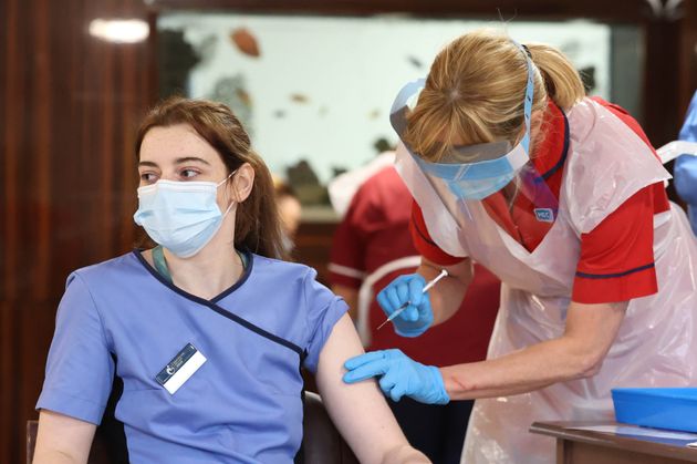 Care home staff receive the Pfizer/BioNtech covid-19 vaccine at Bradley Manor residential care home in Belfast