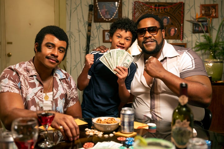 From left: Joseph Lee Anderson as Rocky Johnson, Adrian Groulx as Dwayne, and Nate Jackson as Junkyard Dog in "Young Rock."