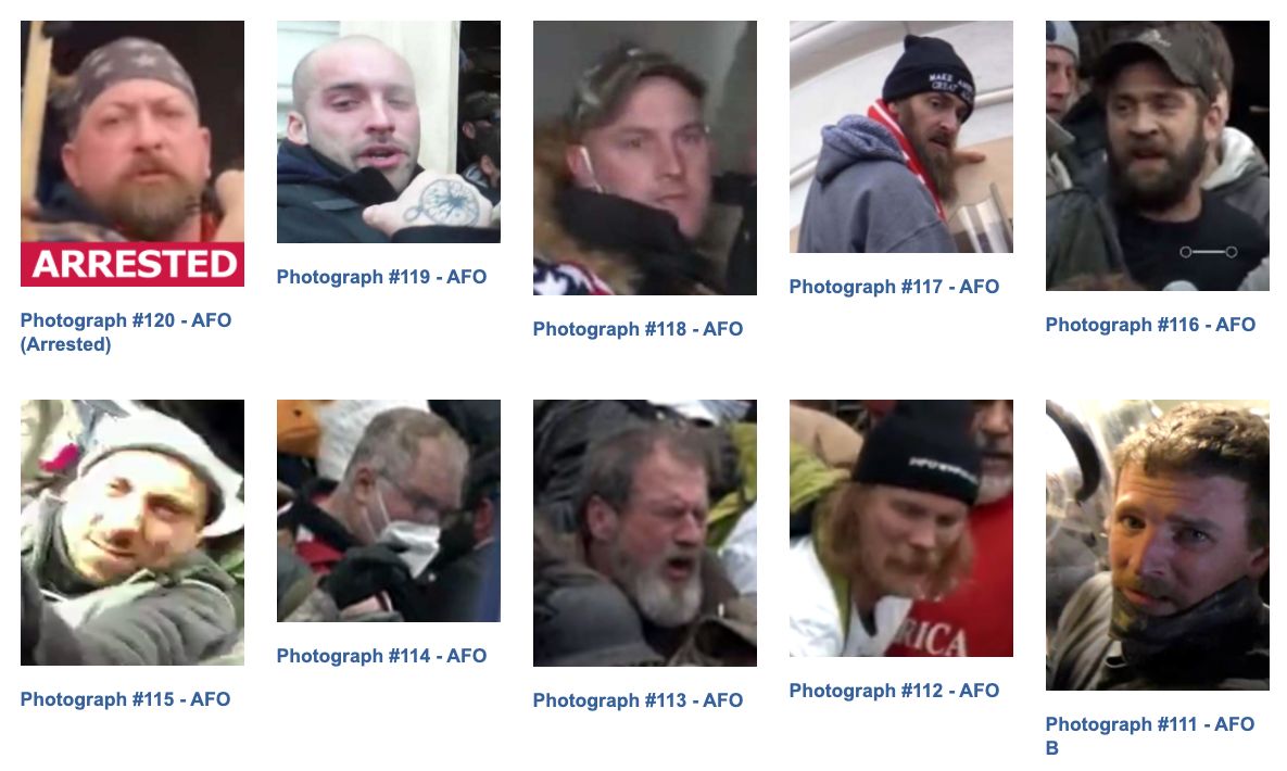 Images of 10 defendants wanted for assault on a federal officer. Just one is currently labeled as arrested.