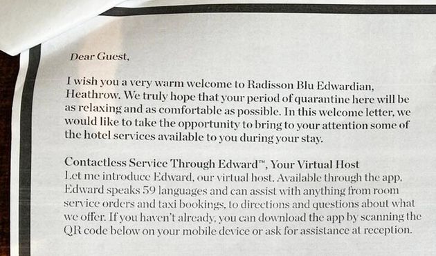 <strong>Handout photo issued by Zari Tadayon of an excerpt from the welcome pack given to quarantining guests at the Radisson Blu.</strong>
