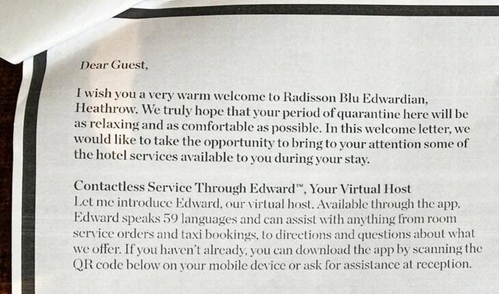 Handout photo issued by Zari Tadayon of an excerpt from the welcome pack given to quarantining guests at the Radisson Blu.