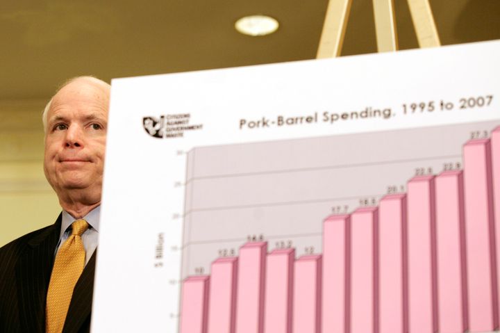 Presidential candidate Senator John McCain (R-Ariz.) listens before speaking at a news conference where the Citizens Against Government Waste (CAGW) released its "2007 Congressional Pig book," an annual report on pork-barrel spending, in Washington, March 7, 2007.